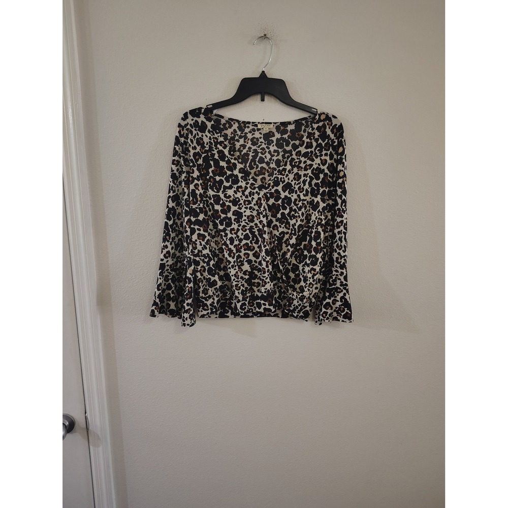 Lily White Leopard Print Surplice V-Neck Bell Sleeve Blouse‎ Tan Black XL